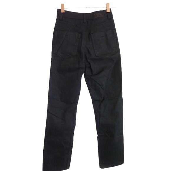 Zara Black Denim Jeans 2 Wax Coated Faux Leather Straight - Picture 3 of 6